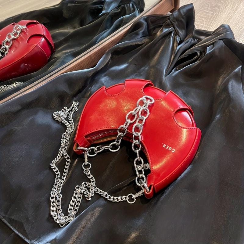 Metal Chain Half Moon Crossbody Bag PU Leather Textured Crescent Bag Purse