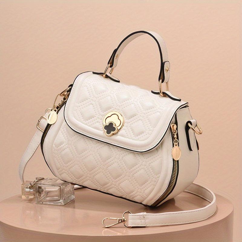 Argyle Embroidered Crossbody Bag Metal Decor Flap Purse