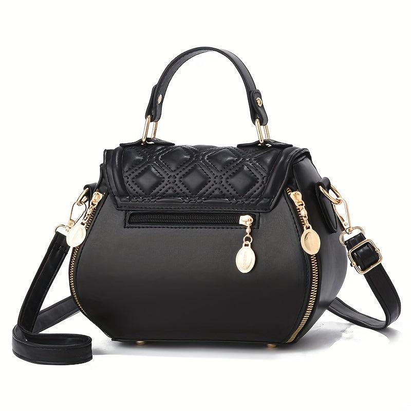 Argyle Embroidered Crossbody Bag Metal Decor Flap Purse