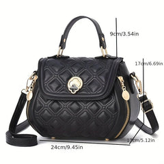 Argyle Embroidered Crossbody Bag Metal Decor Flap Purse