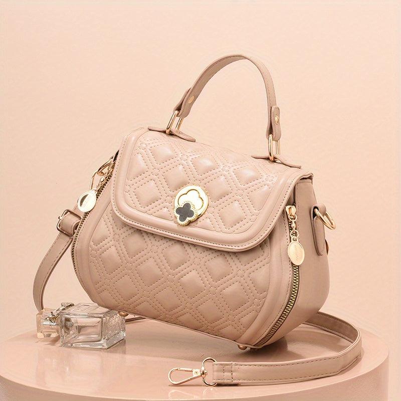 Argyle Embroidered Crossbody Bag Metal Decor Flap Purse