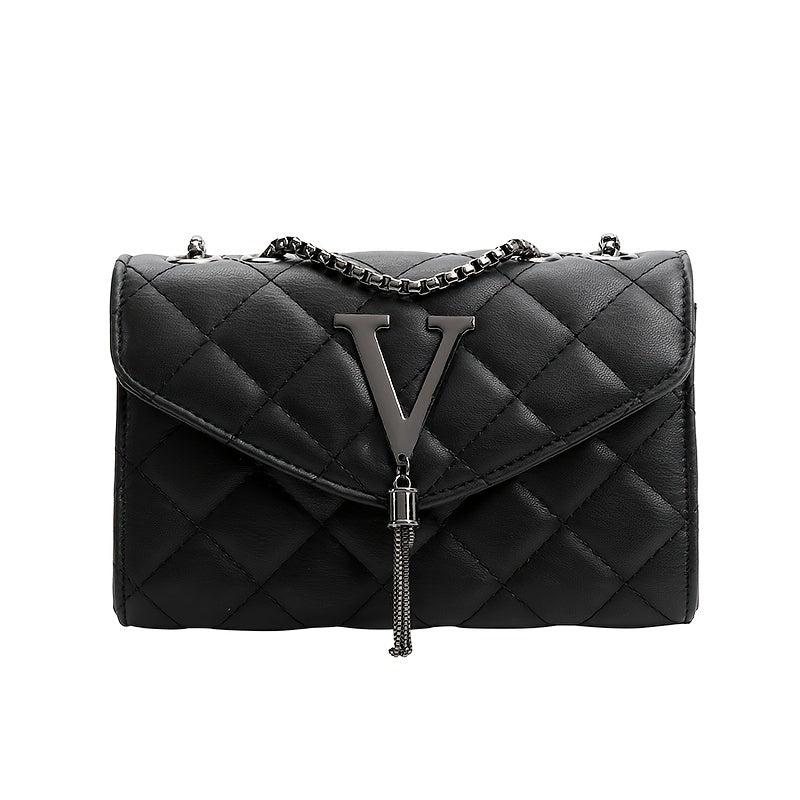 Argyle Quilted Chain Crossbody Bag with Metal & Tassel Square Flap Purse