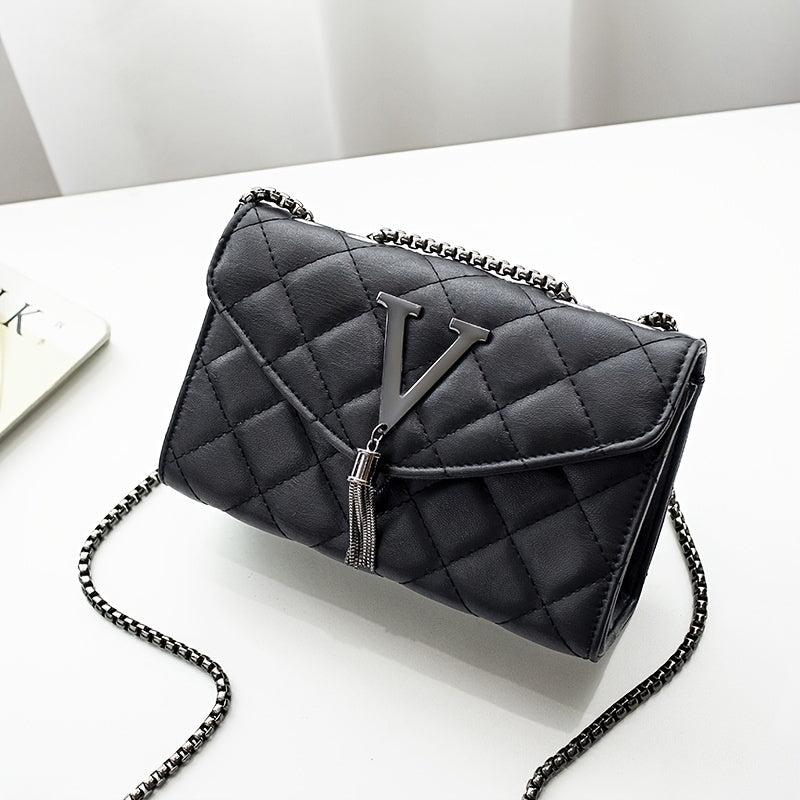 Argyle Quilted Chain Crossbody Bag with Metal & Tassel Square Flap Purse