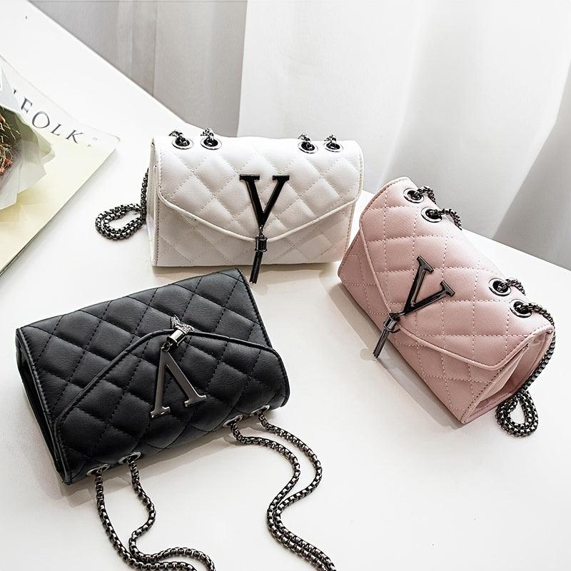 Argyle Quilted Chain Crossbody Bag with Metal & Tassel Square Flap Purse