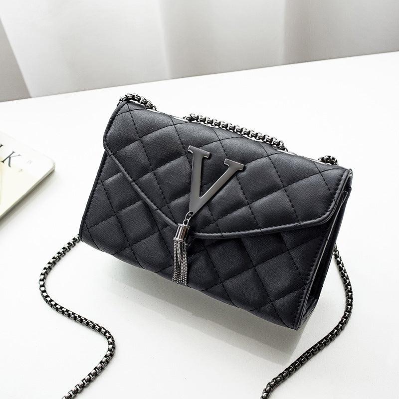 Argyle Quilted Chain Crossbody Bag with Metal & Tassel Square Flap Purse