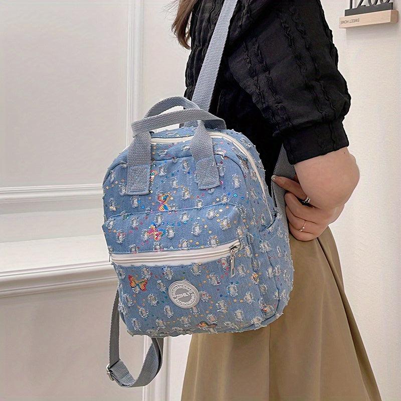 Butterfly Sequins Backpack Women Top Handle Canvas Schoolbag Y2K Daypack