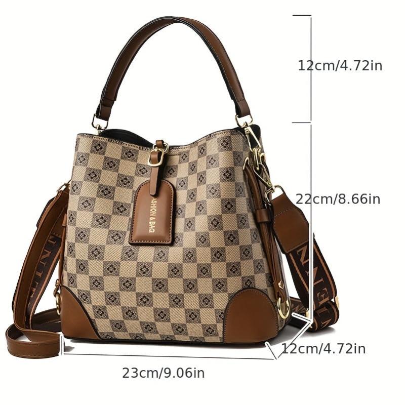 Floral Plaid Bucket Bag Vintage Crossbody Drawstring Handbag