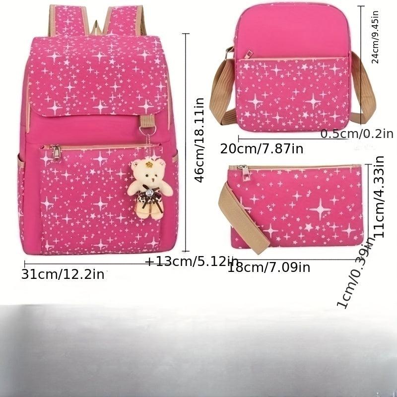 3-Pc Preppy Star Pattern Bag Set: Backpack, Crossbody Bag & Clutch Pouch