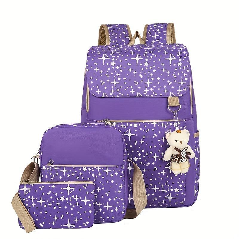 3-Pc Preppy Star Pattern Bag Set: Backpack, Crossbody Bag & Clutch Pouch
