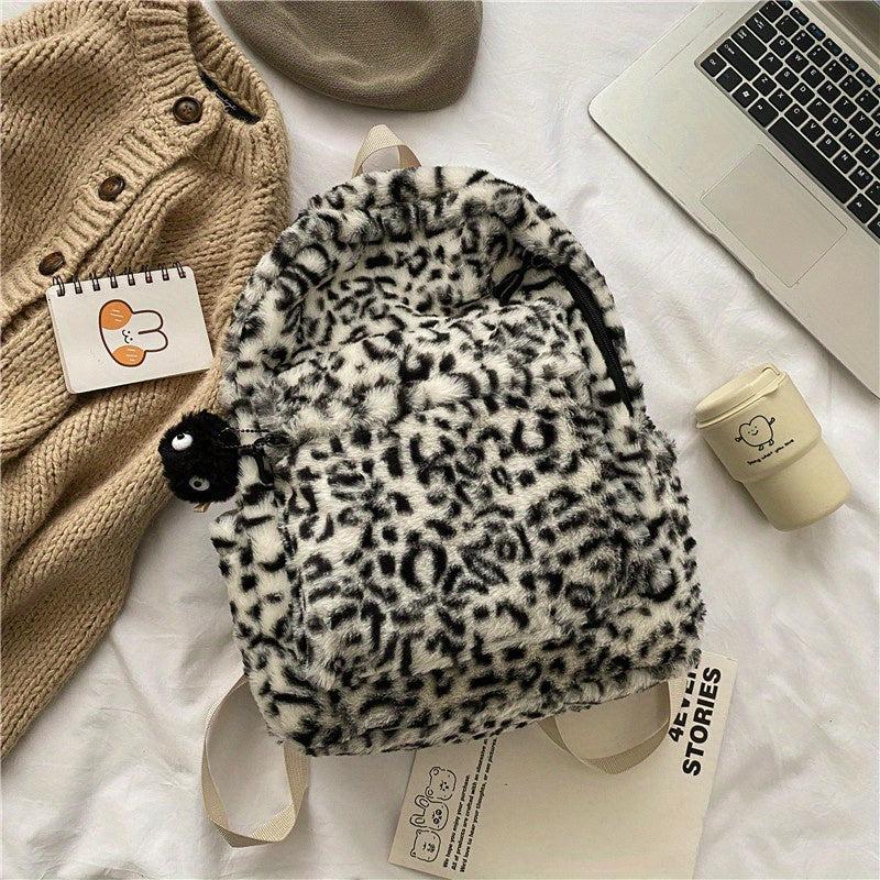 Plush Leopard Pattern Backpack Y2K Girls Student School Bag Fluffy Daypack