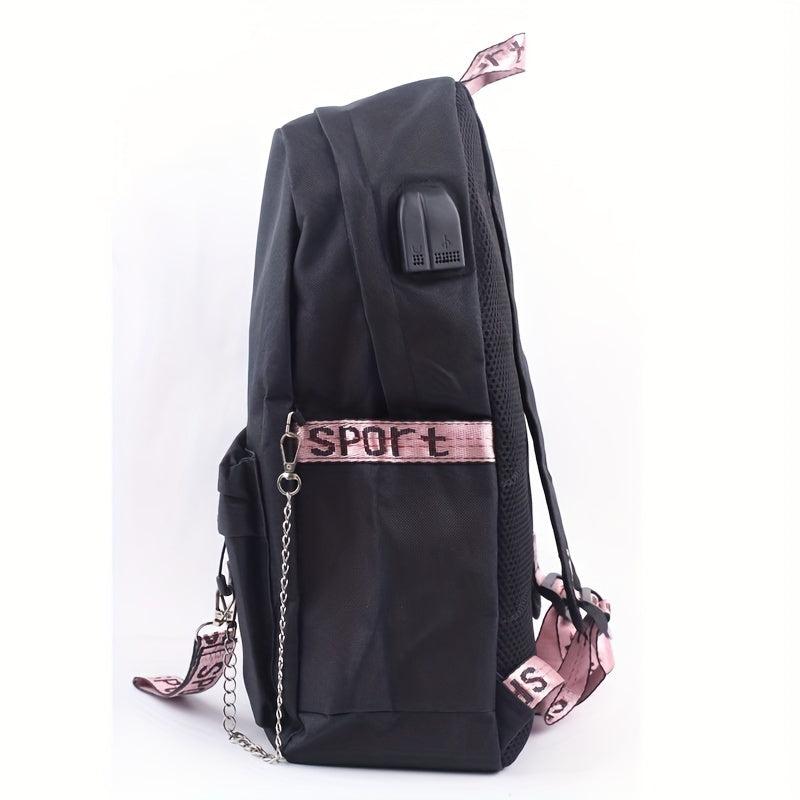 Letter Print Backpack Casual Functional School Bag Chain Decor Travel Bookbag