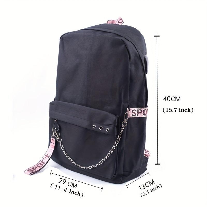 Letter Print Backpack Casual Functional School Bag Chain Decor Travel Bookbag