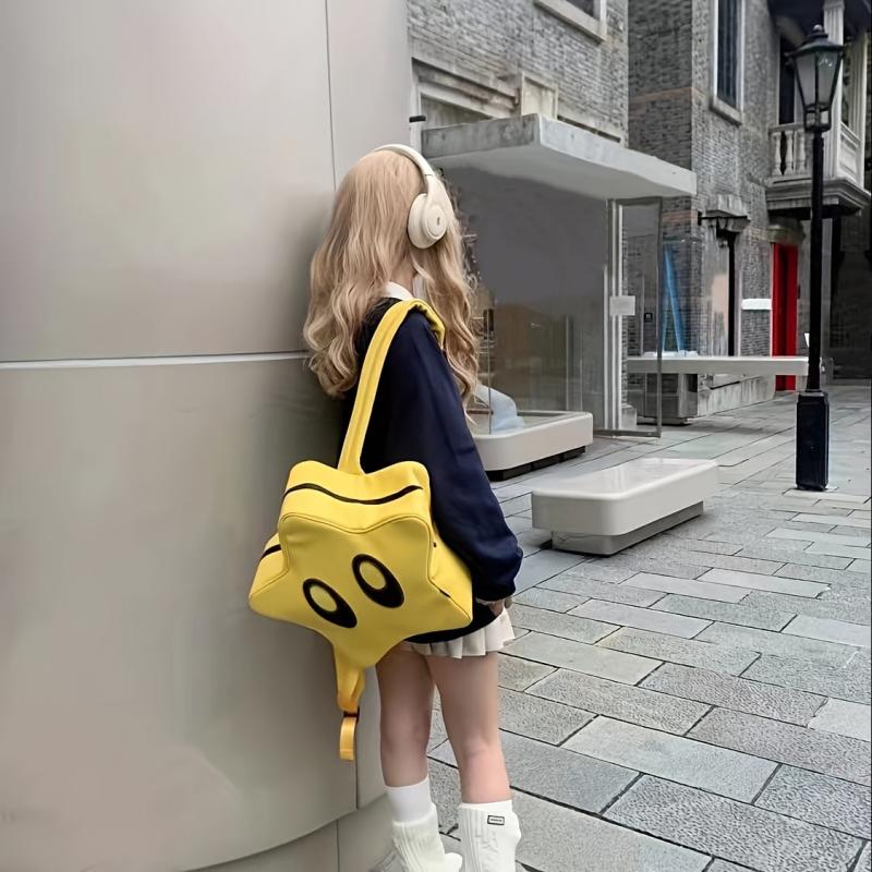 Y2K Big eyed Star Backpack Cartoon Faux Leather School Bag