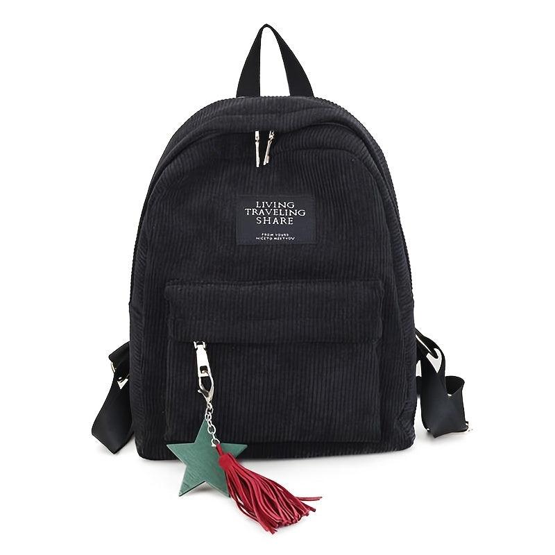 Corduroy Backpack with Letter Patch Solid Zipper Preppy Tassel Decor