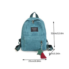 Corduroy Backpack with Letter Patch Solid Zipper Preppy Tassel Decor