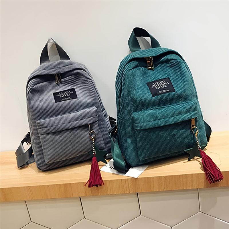 Corduroy Backpack with Letter Patch Solid Zipper Preppy Tassel Decor