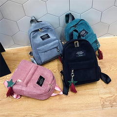 Corduroy Backpack with Letter Patch Solid Zipper Preppy Tassel Decor