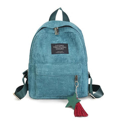 Corduroy Backpack with Letter Patch Solid Zipper Preppy Tassel Decor