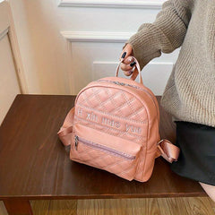 Embroidered Zipper Backpack Solid Quilted Detail Rucksack