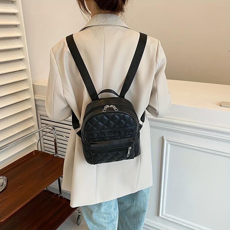 Embroidered Zipper Backpack Solid Quilted Detail Rucksack