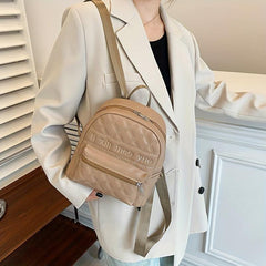 Embroidered Zipper Backpack Solid Quilted Detail Rucksack