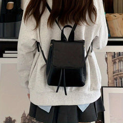 Small Drawstring Flap Backpack PU Leather Textured School Backpack