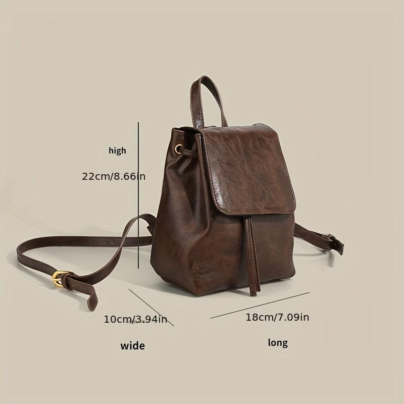 Small Drawstring Flap Backpack PU Leather Textured School Backpack