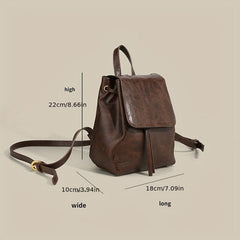 Small Drawstring Flap Backpack PU Leather Textured School Backpack