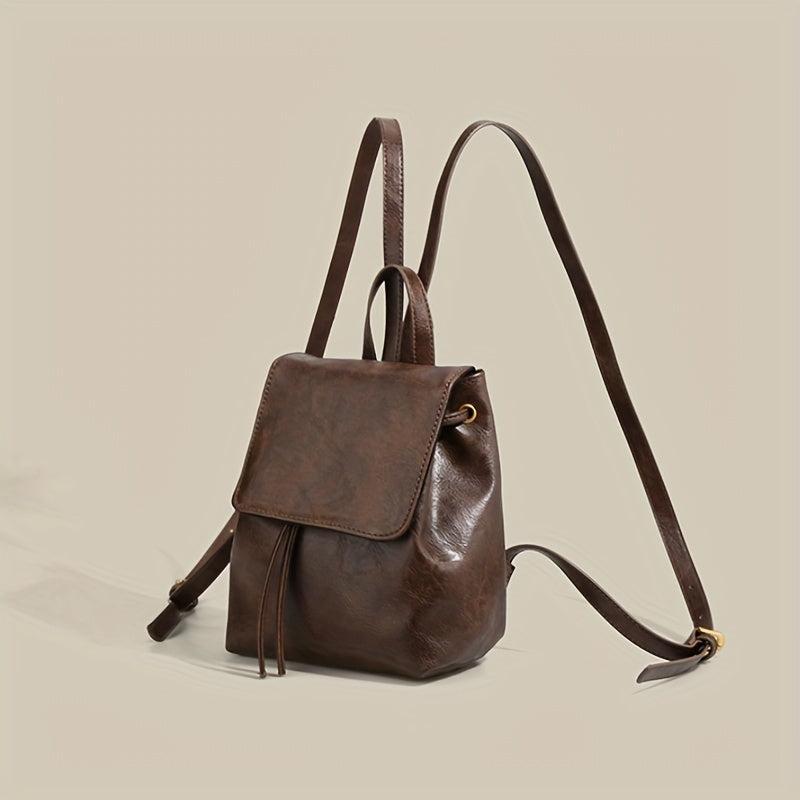 Small Drawstring Flap Backpack PU Leather Textured School Backpack