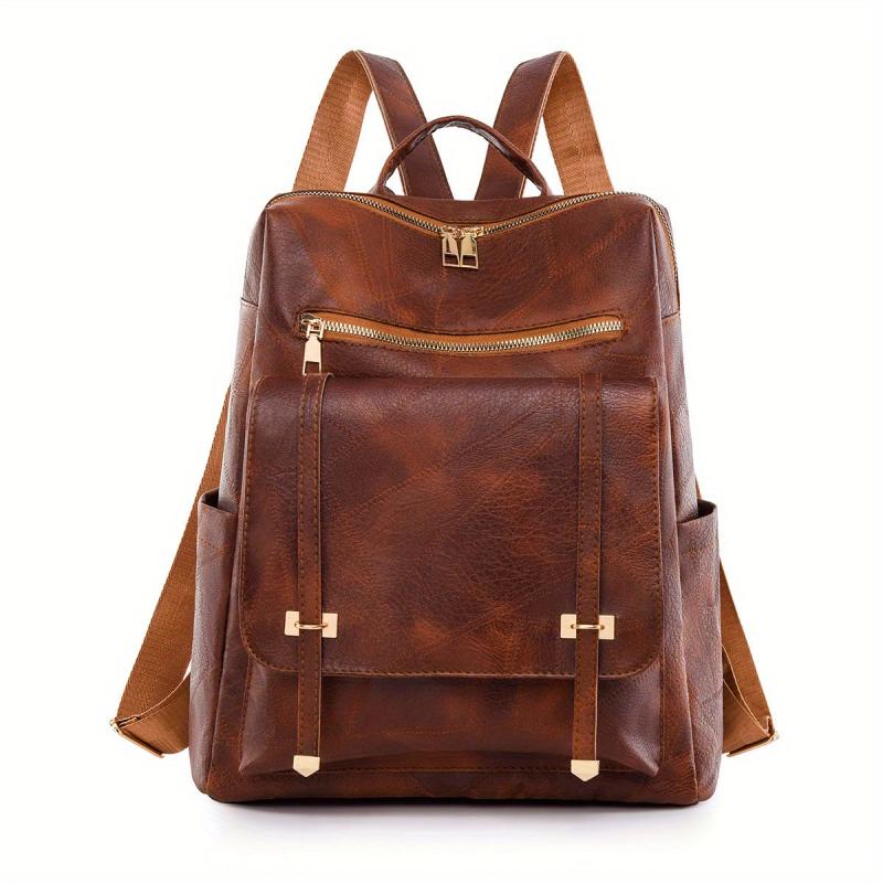 Large Capacity Retro Backpack Versatile PU Leather Zip Women's Casual Backpack