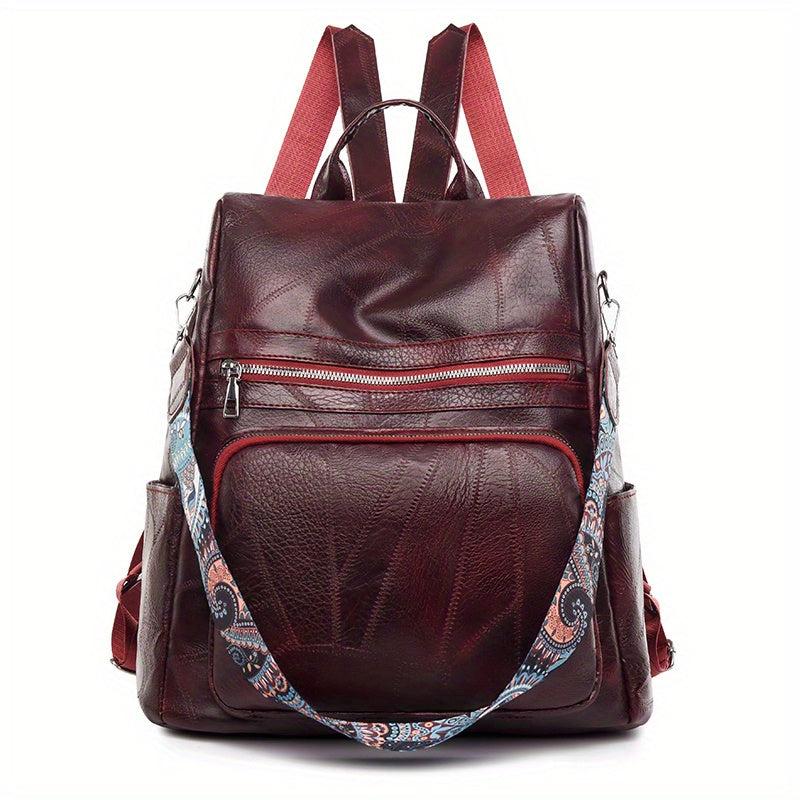 Vintage Solid Backpack Zipper Classic Rucksack With Detachable Strap Women's