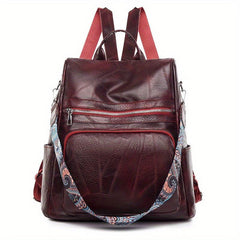Vintage Solid Backpack Zipper Classic Rucksack With Detachable Strap Women's