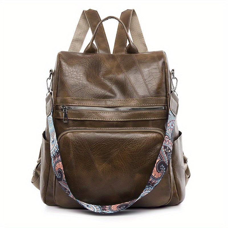 Vintage Solid Backpack Zipper Classic Rucksack With Detachable Strap Women's
