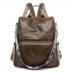 Vintage Solid Backpack Zipper Classic Rucksack With Detachable Strap Women's