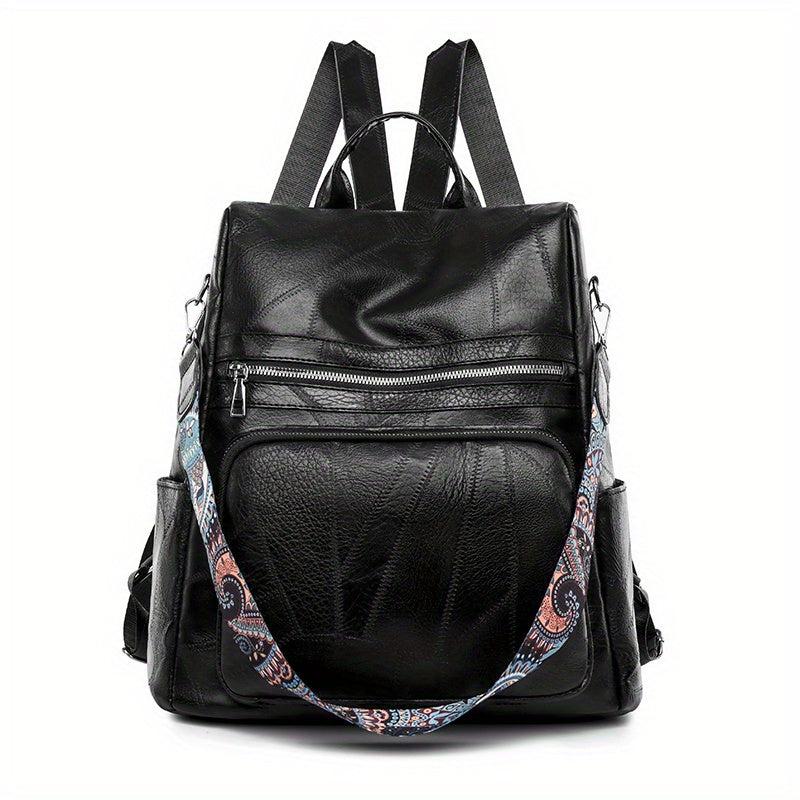 Vintage Solid Backpack Zipper Classic Rucksack With Detachable Strap Women's