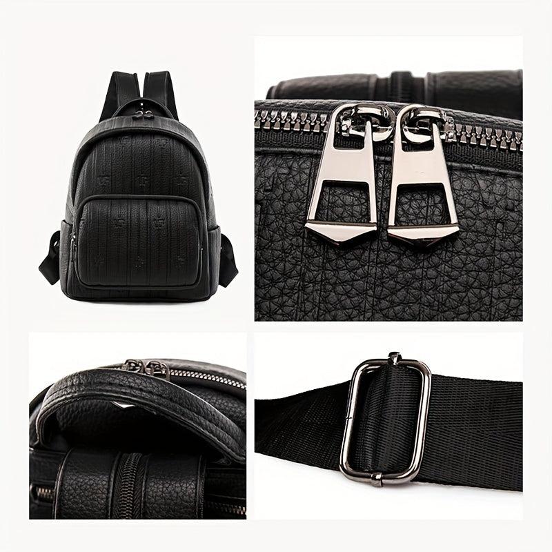 Mini Stripes Embossed Backpack Faux Leather Solid Rucksack For Travel Work