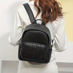 Mini Stripes Embossed Backpack Faux Leather Solid Rucksack For Travel Work