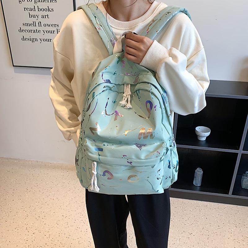 Letter Graphic Nylon Backpack Holographic Lightweight School Bag