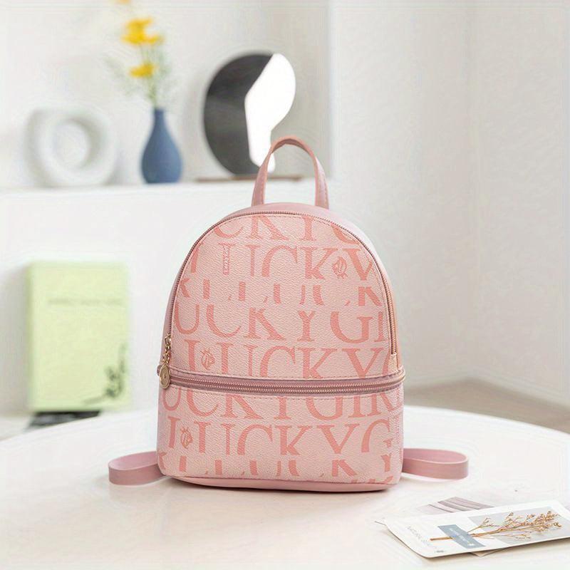 Mini Letter Print Backpack Women's Faux Leather Daypack School Bag