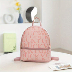 Mini Letter Print Backpack Women's Faux Leather Daypack School Bag