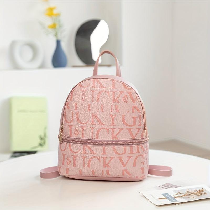 Mini Letter Print Backpack Women's Faux Leather Daypack School Bag