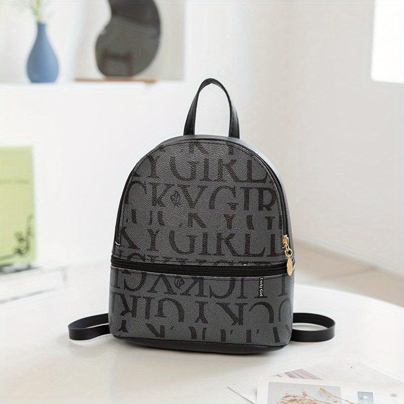 Mini Letter Print Backpack Women's Faux Leather Daypack School Bag