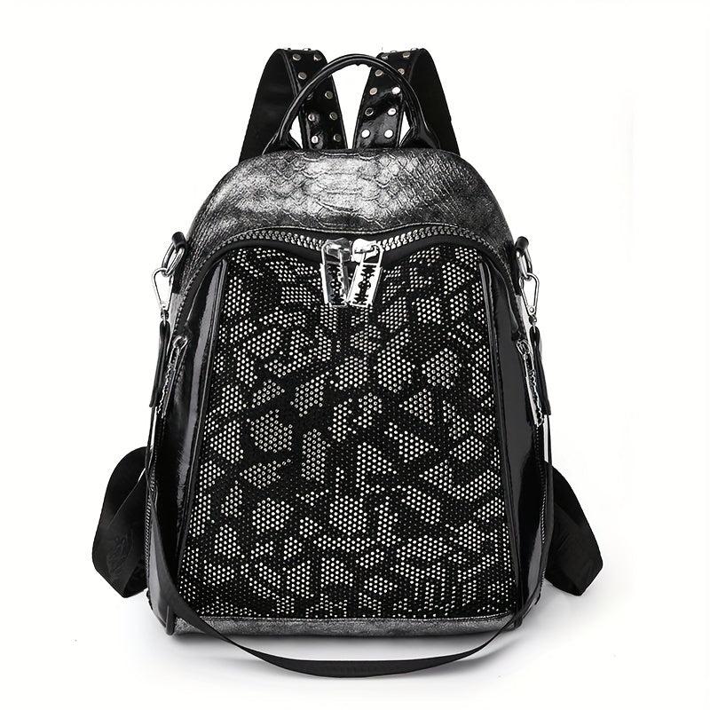 Snakeskin Pattern Backpack Purse Vintage Rhinestone Travel Schoolbag