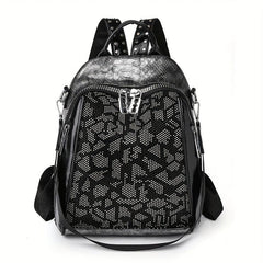 Snakeskin Pattern Backpack Purse Vintage Rhinestone Travel Schoolbag