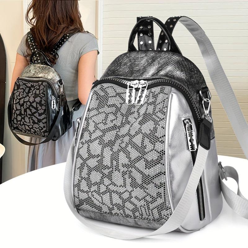 Snakeskin Pattern Backpack Purse Vintage Rhinestone Travel Schoolbag