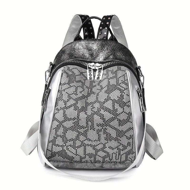 Snakeskin Pattern Backpack Purse Vintage Rhinestone Travel Schoolbag