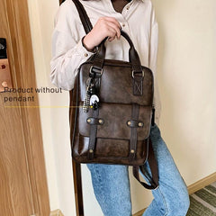 Vintage Large Capacity Backpack Classic Solid PU Leather School Bag Women's