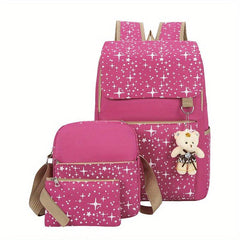 3pcs Bear Pendant Backpack Crossbody Bag Clutch Purse Set