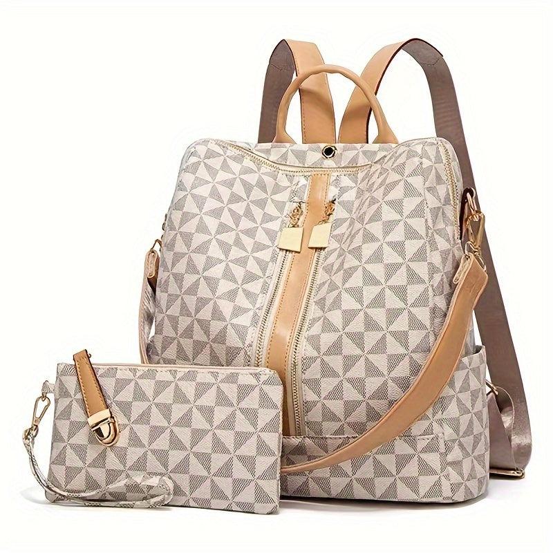 2pcs Large Capacity Backpack Wristlet Purse Set Plaid School Backpack Travel Bag