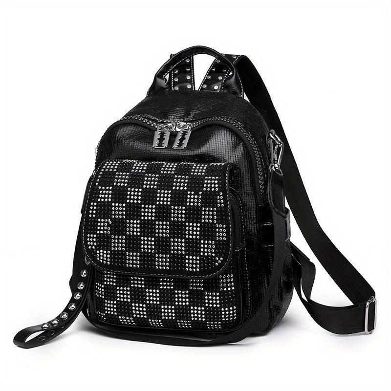 Sequins Backpack Purses Checkered Rhinestone Daypack Glitter Shoulder Bag